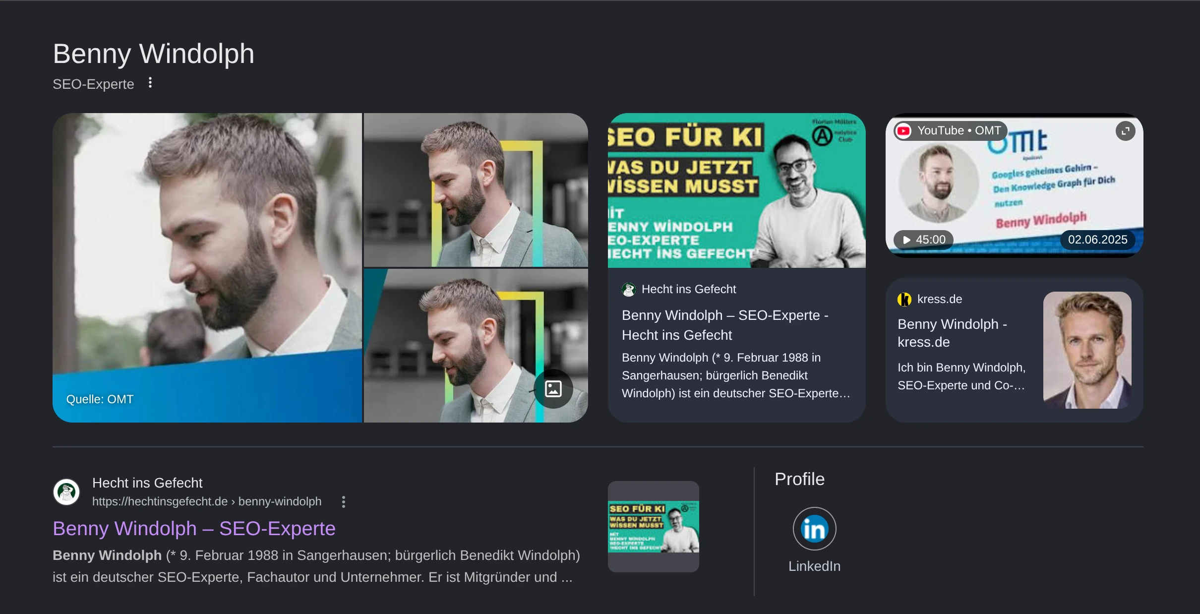 Google Knowledge Panel von Benny Windolph (SEO-Experte) in der Google-Suche