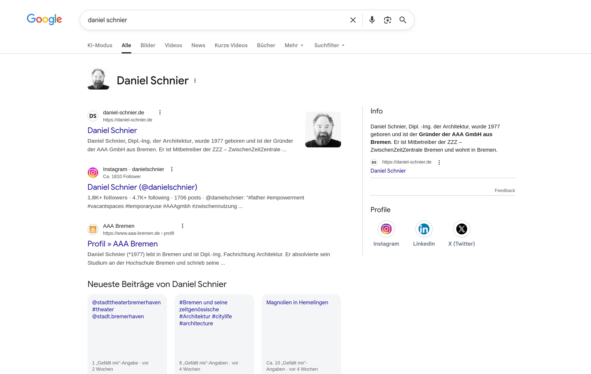 Google Knowledge Panel von Daniel Schnier in der Suchergebnisseite