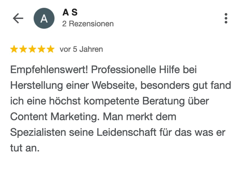 Google-Rezension: "Professionelle Hilfe bei Herstellung einer Webseite"