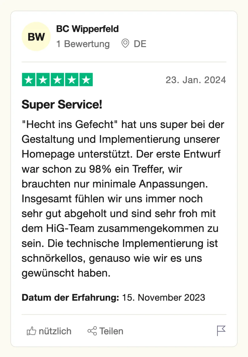 Google-Rezension von BC Wipperfeld über HECHT INS GEFECHT