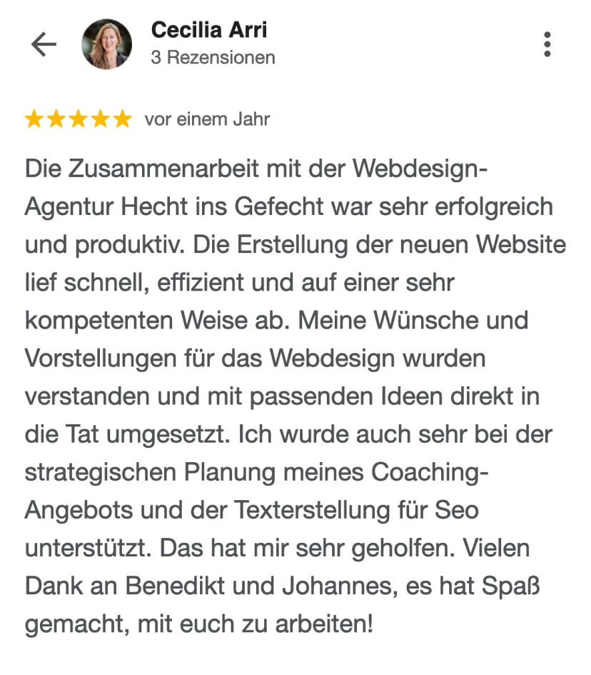 Google-Rezension von Cecilia Arri über HECHT INS GEFECHT