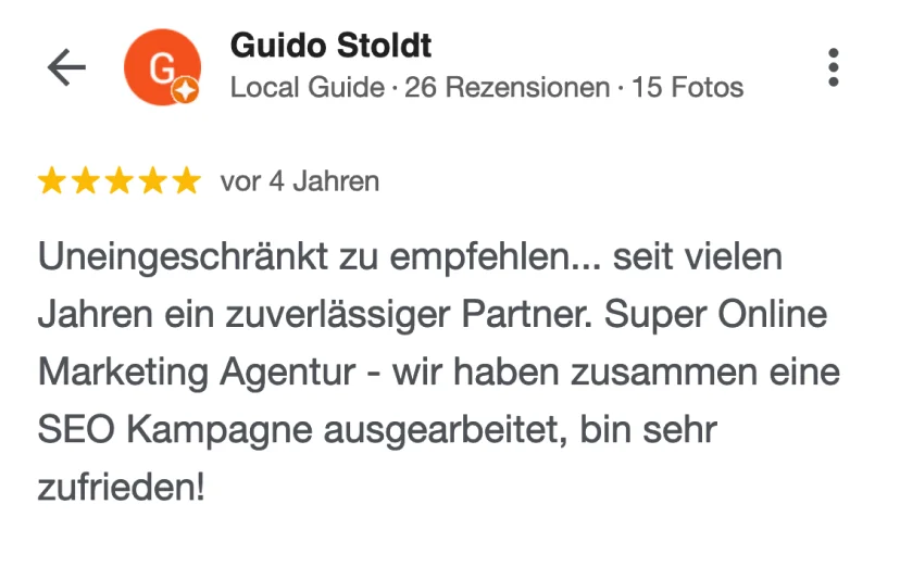 Google-Rezension von Guido Stoldt: "seit vielen Jahren ein zuverlässiger Partner"