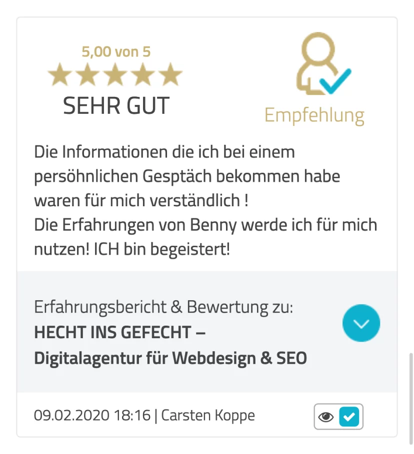 Bewertung "SEHR GUT" auf KennstDuEinen von Carsten Koppe