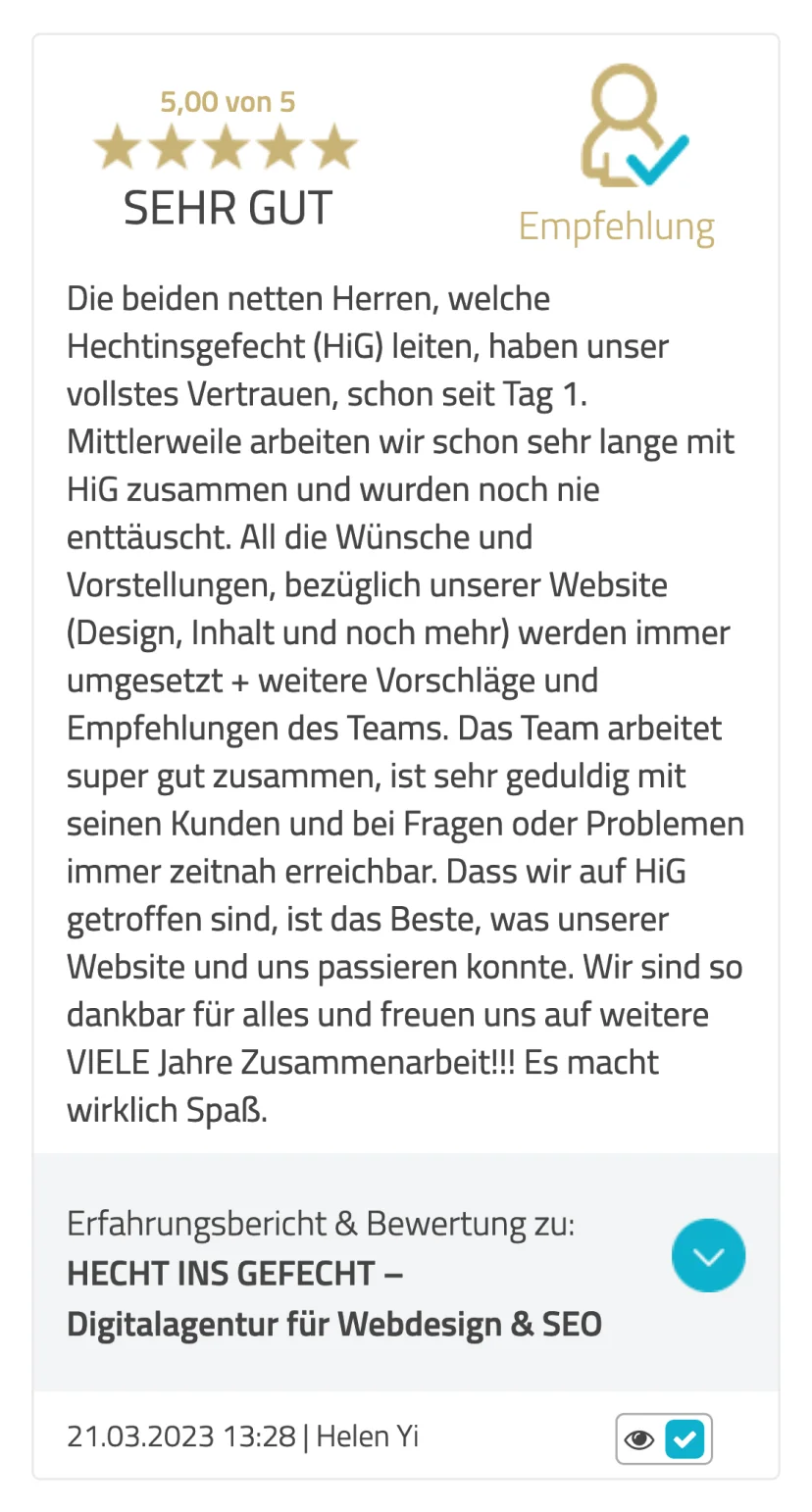 Bewertung "SEHR GUT" auf KennstDuEinen für HECHT INS GEFECHT