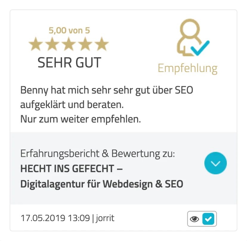 Bewertung "SEHR GUT" auf KennstDuEinen: "Benny hat mich sehr gut über SEO aufgeklärt"