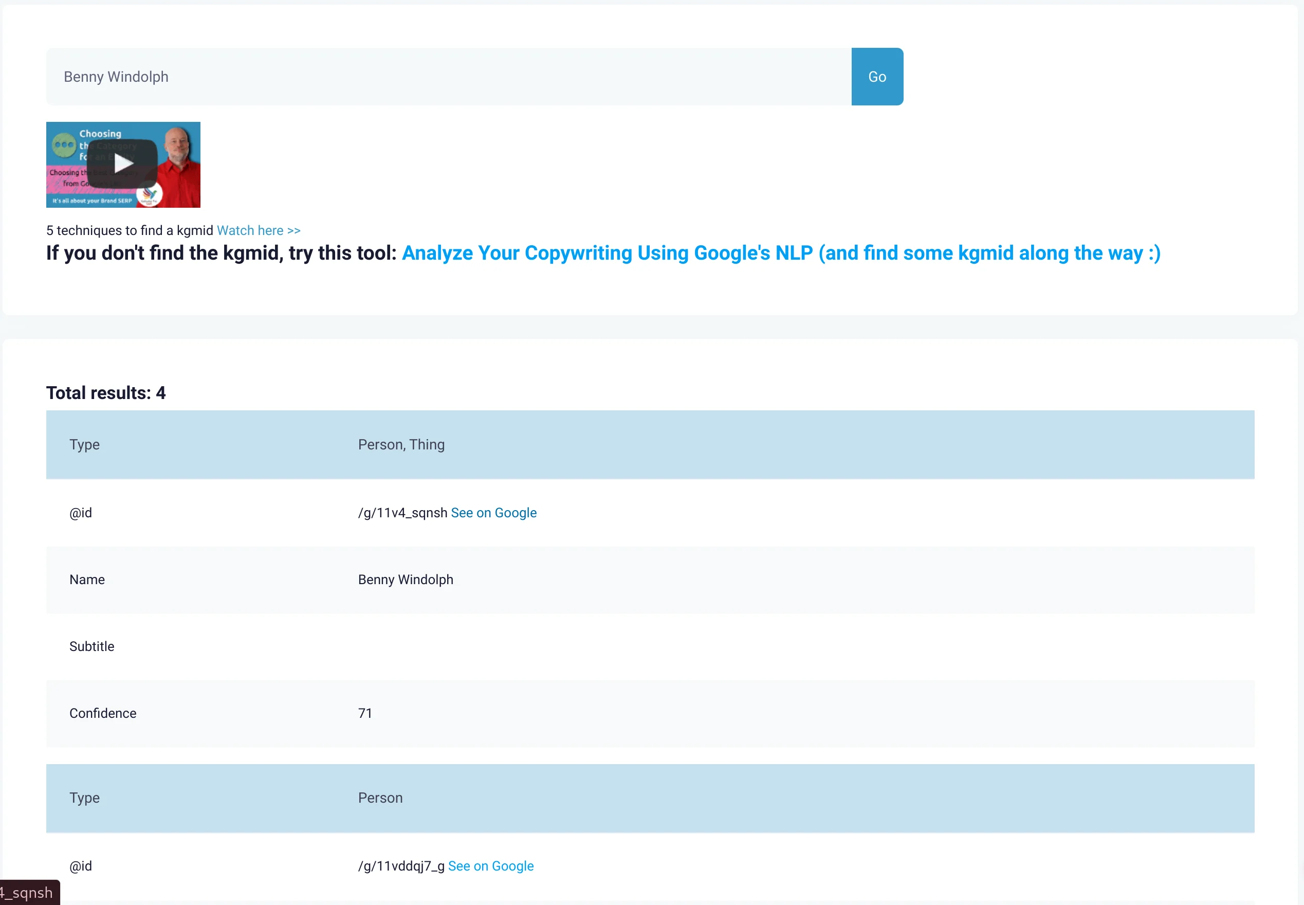 kgmid-Tool zeigt Knowledge-Graph-Einträge zu Benny Windolph