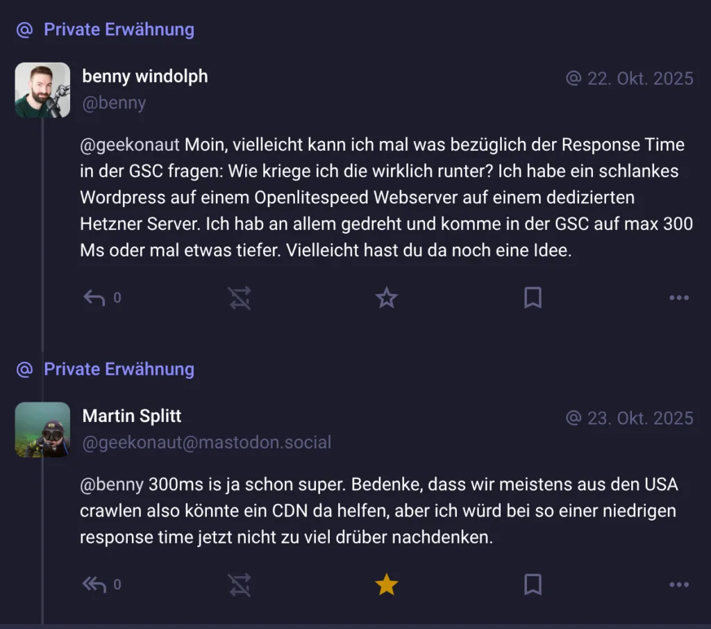 Mastodon-Austausch zwischen Benny Windolph und Martin Splitt über Response Times