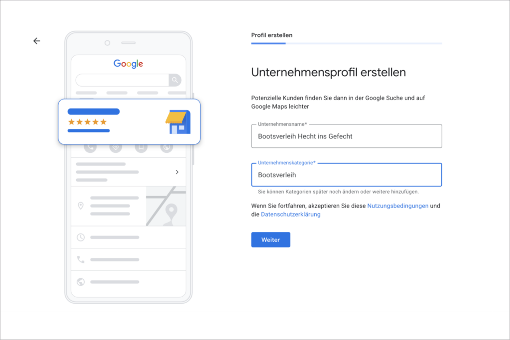 So erhöhst du die Sichtbarkeit für dein Business mit Local-SEO Screenshot von der Profilerstellung bei Google My Business