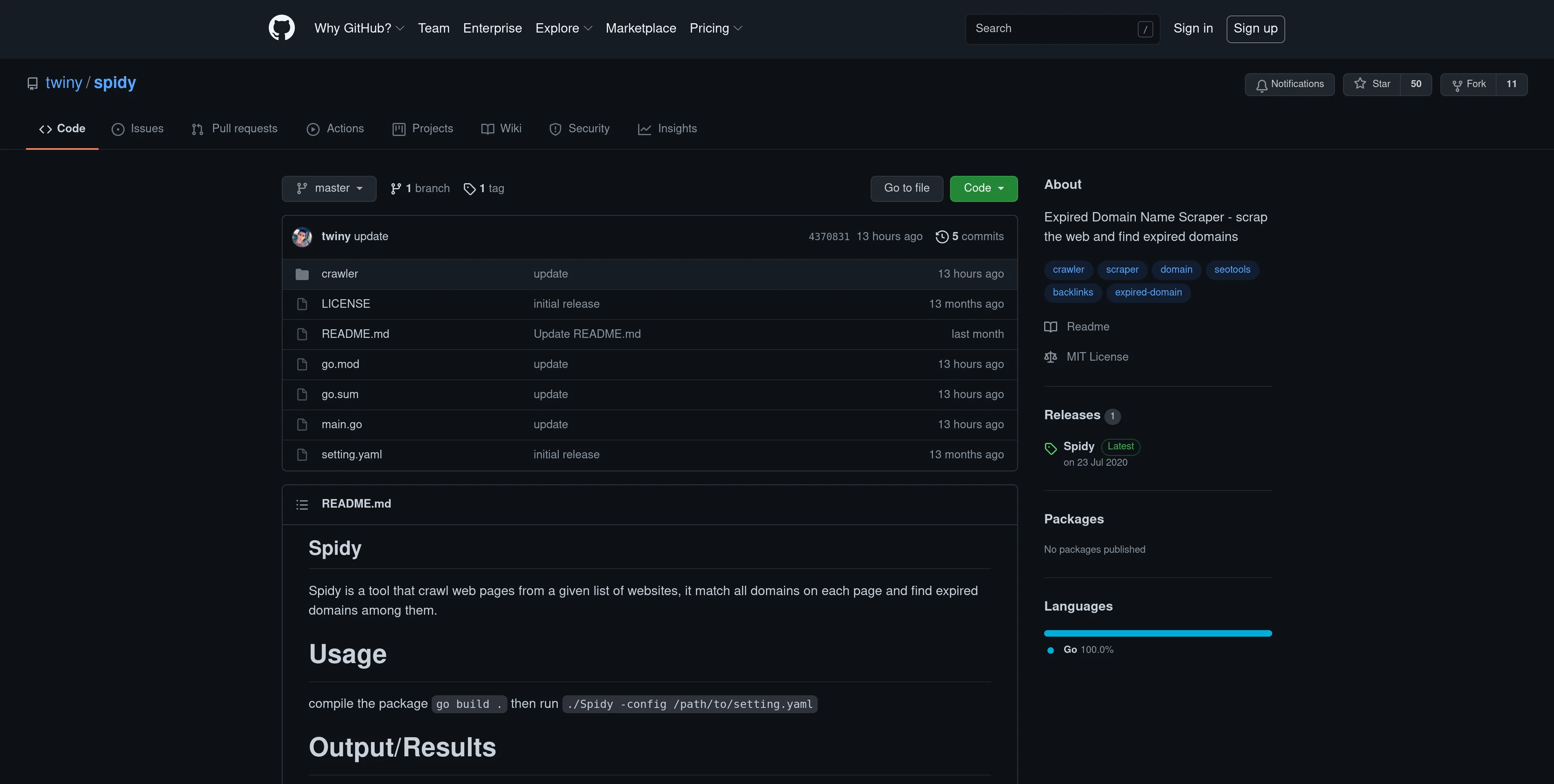 Spidy, ein Tool zum Finden von Expired Domains, bei Github