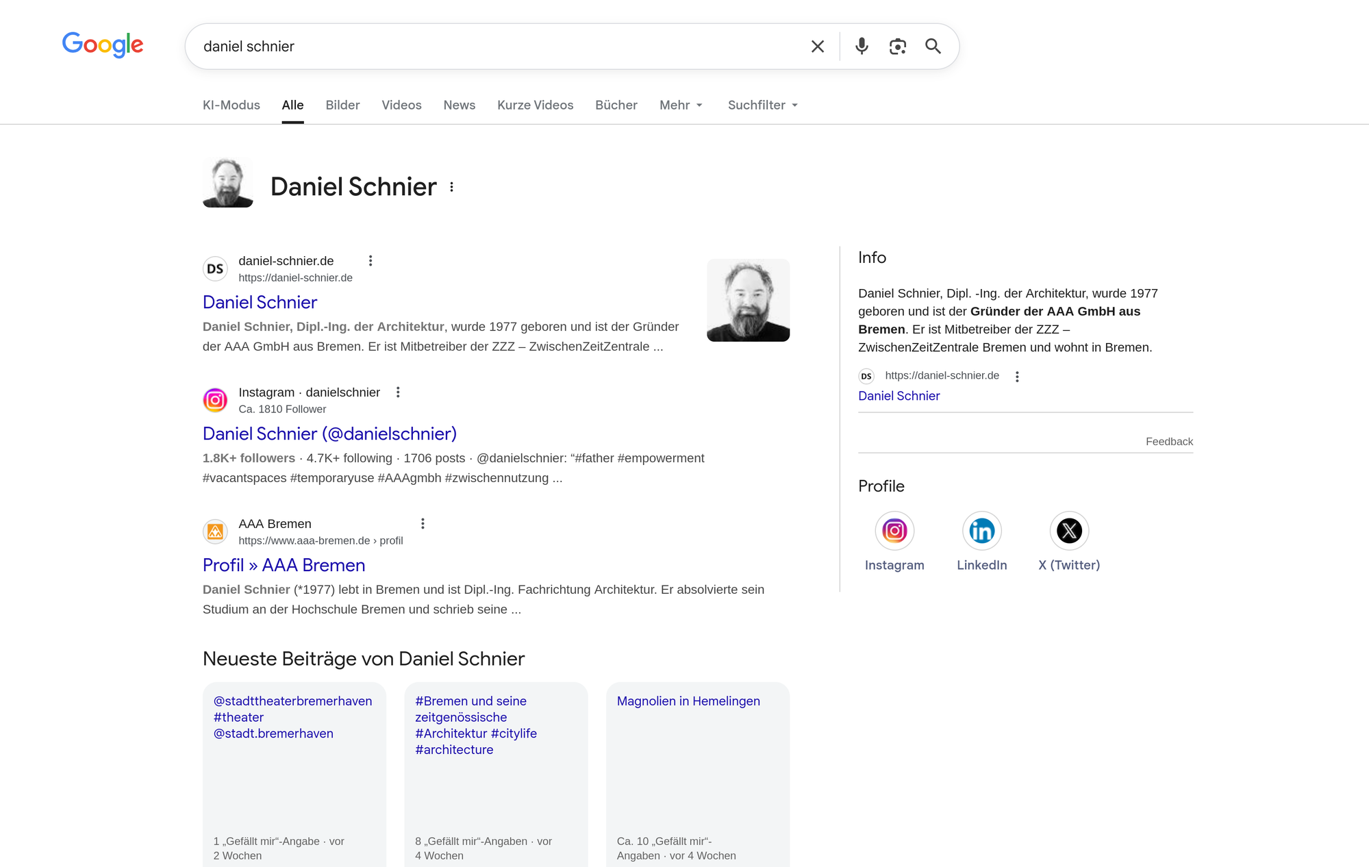 Google Knowledge Panel von Daniel Schnier in der Suchergebnisseite